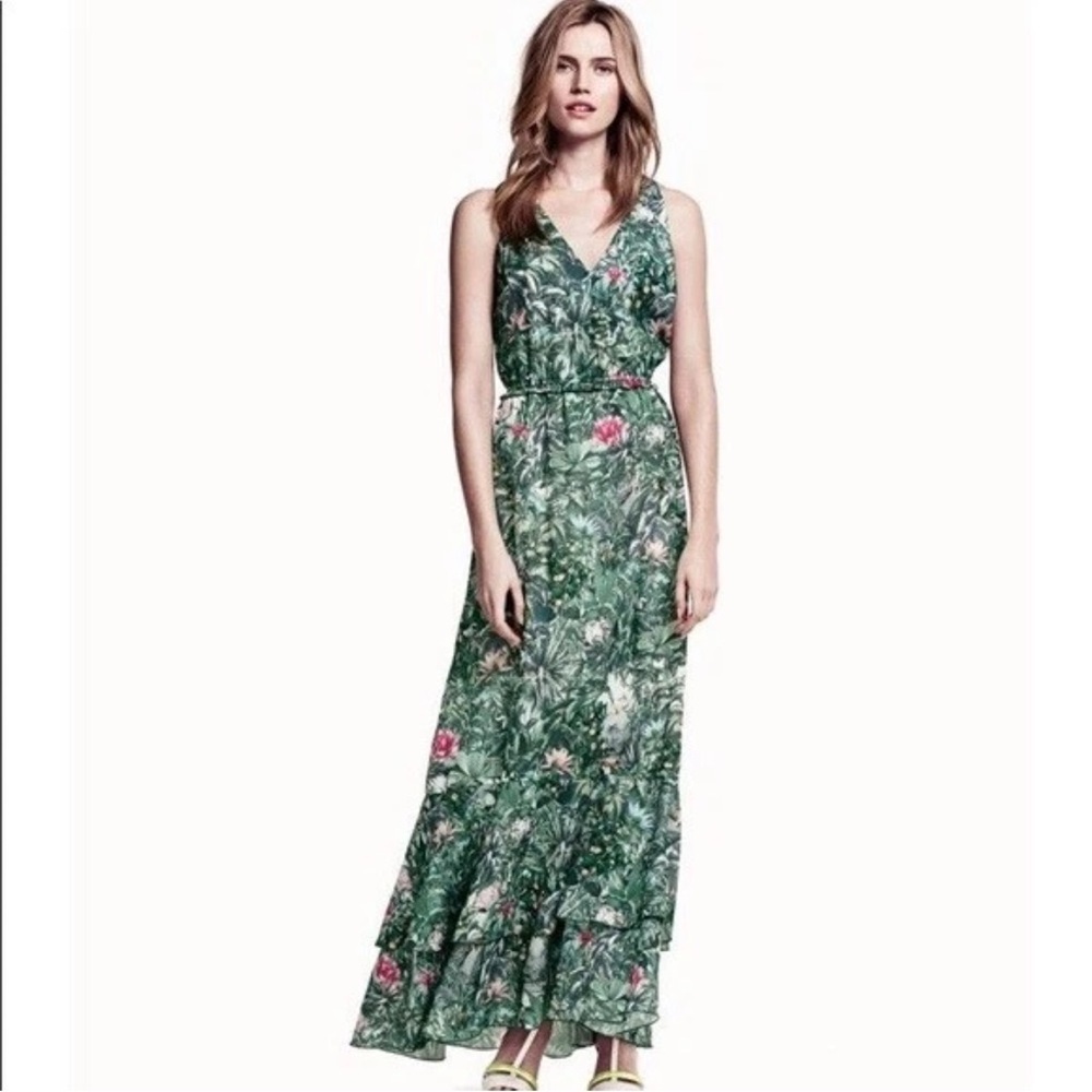 H&M Green Floral Maxi Dress with Pink Accents